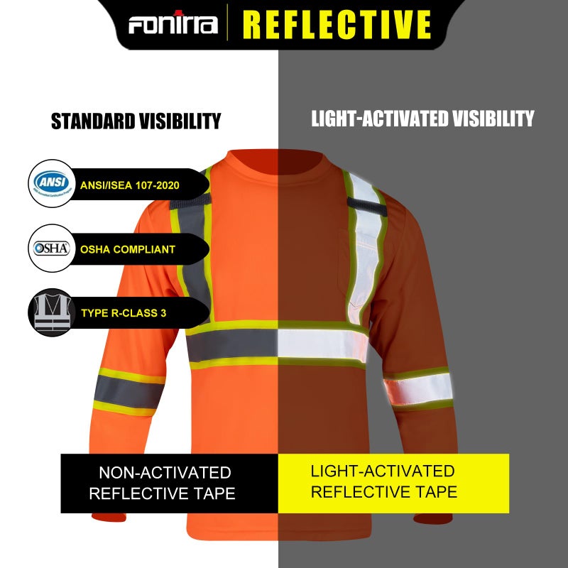 FONIRRA Long Sleeve Safety T Shirt Reflective High Visibility Construction Work Shirts ANSI Class 3 for Men(Orange,M) - Image 5